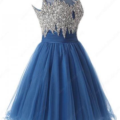 A-line Scoop Neck Tulle Short/mini Pearl Detailing Royal Blue Prom ...