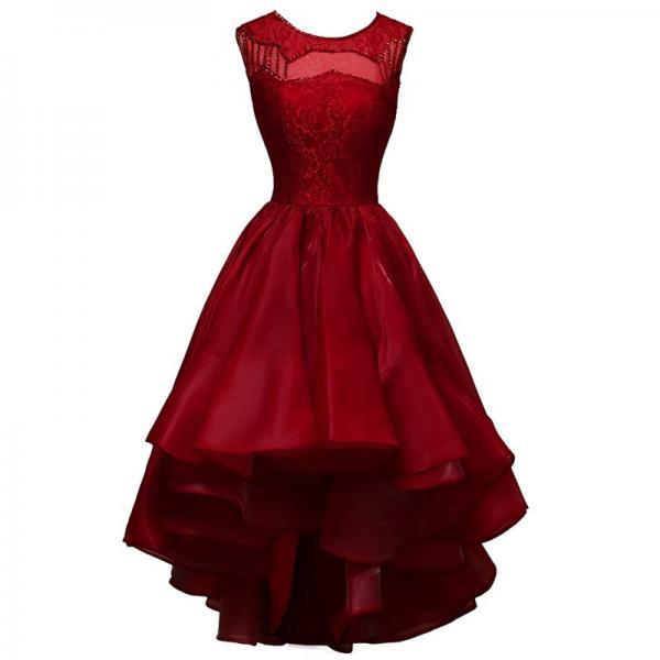 A Line Red Homecoming Dresses Zipper-Up Sleeveless Lace Jewels High-Low ...